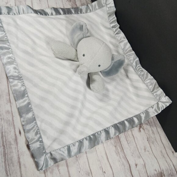 Cloud Island Baby Lovey Gray Elephant Plush Satin-Lined G/W Striped Blanket 14" - Picture 5 of 13